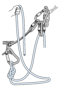 Person on the anchor tied in with a Figure 8 on a carabiner having a free slack at the end of the rope