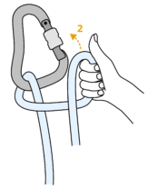 tangled rope held by carabiner and hand, arrow pointing to the carabiner gate