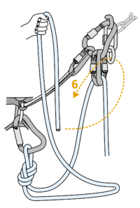 Arrow suggesting a person on the anchor to pull the slack through the anchor rappel ring