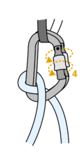 garda hitch on two screw-gate carabiners which hangs on a sling, arrows pointing to close the gate