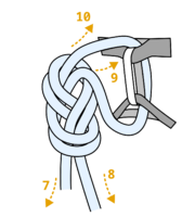 loose figure eight tied on a harness, arrows pointing out from the knot