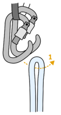 two opened screw-gate carabiners hanging on a sling with a rope being placed into them