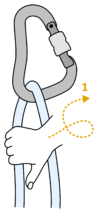 rope hanging in a carabiner with hand grabbing the rear string and curled arrow pointing