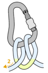 loosened clove hitch on a carabiner, arrow pointing to pull one of the strands